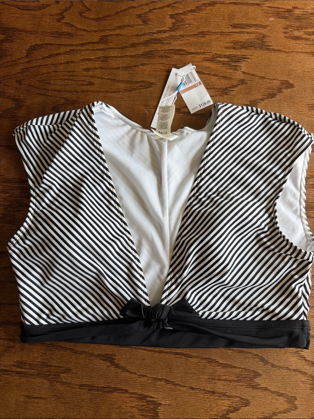 Bleu Rod Beattie Black and White Striped Knot-Front Swim Crop Top